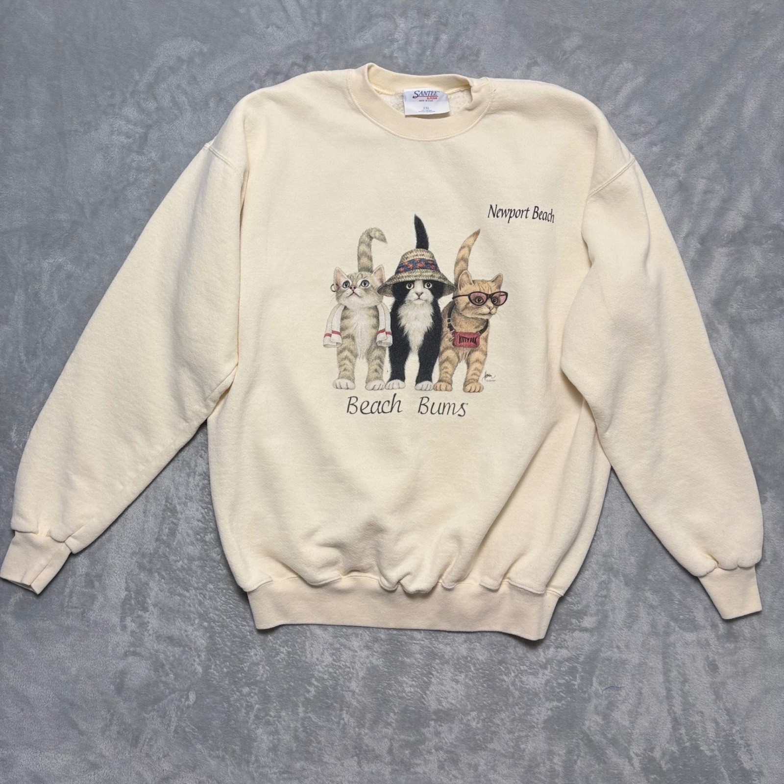 Vintage 1996 Bob Harrison Beach Bums Cats Sweatshirt XXL Newport Beach USA Cream