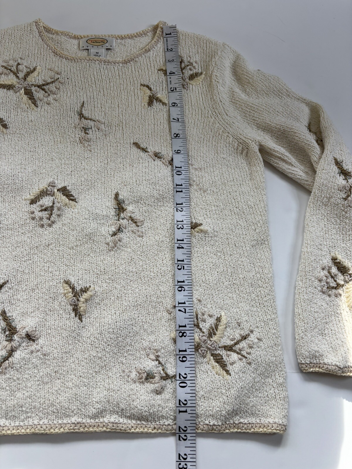 Vintage 90s Talbots Petites Beaded Floral Sweater M Ramie Cotton Beige