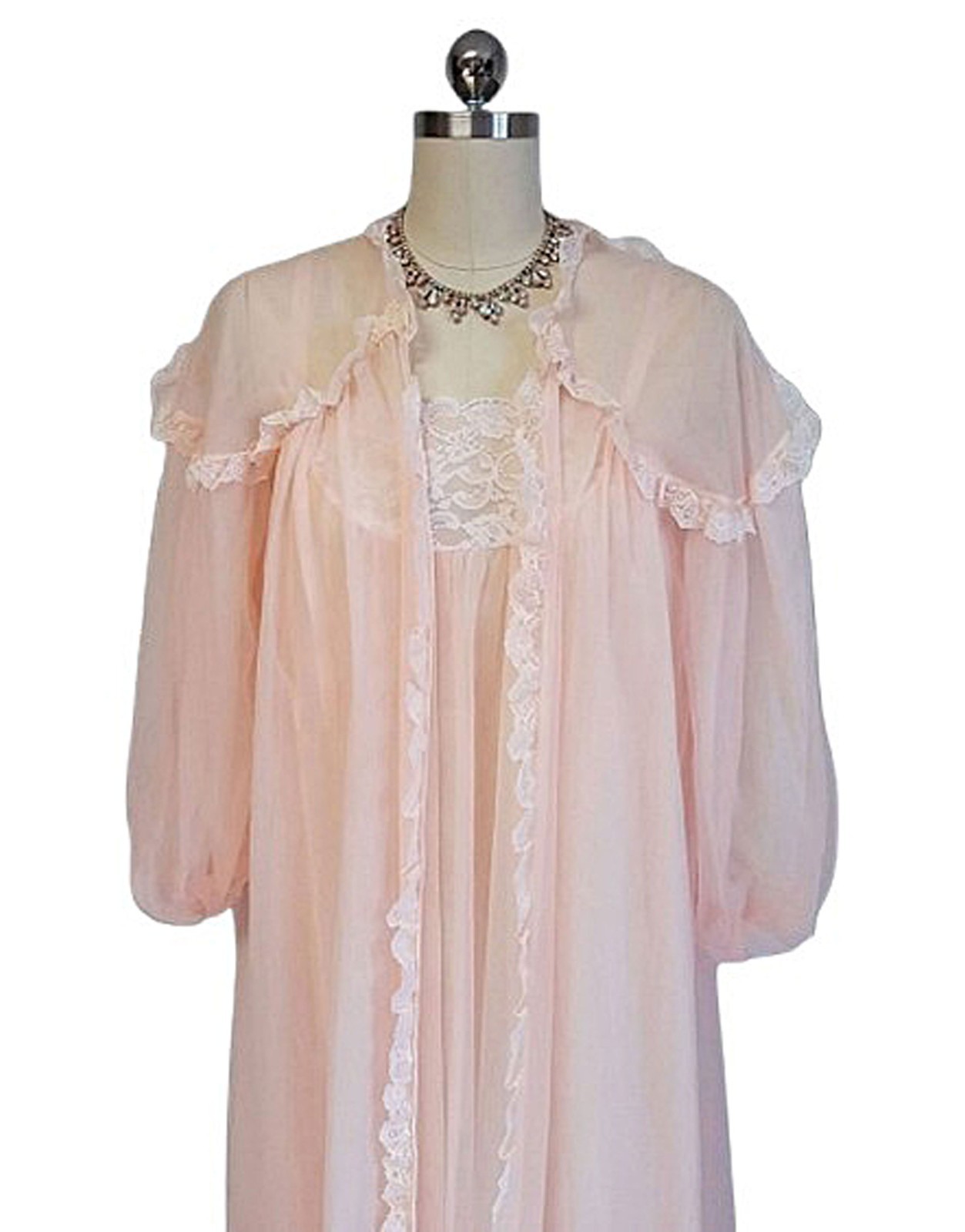 EXQUISITE VINTAGE FLUFFY INTIME RUFFLY LACE DOUBLE NYLON PEIGNOIR NIGHTGOWN MED.