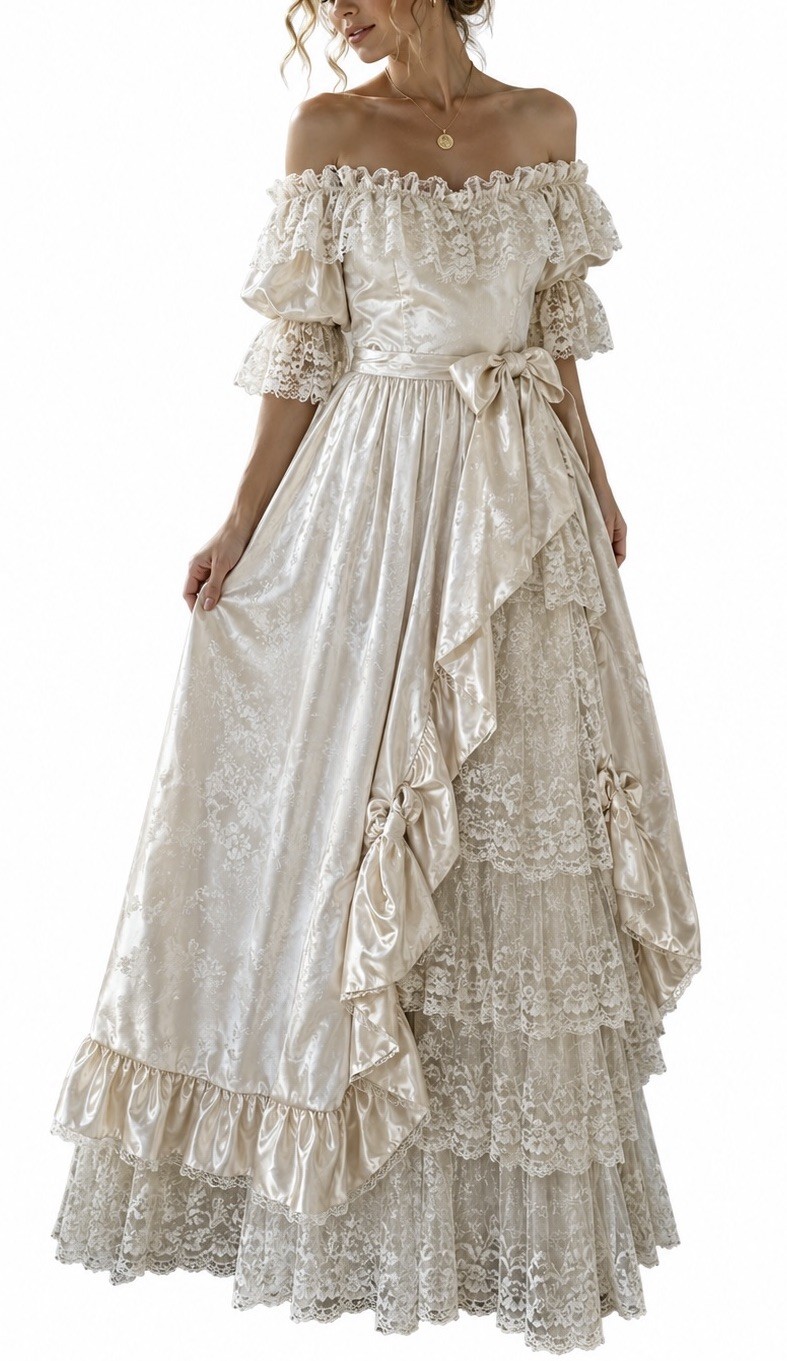 70s Ivory Satin Lace Prairie Maxi Dress Romantic Cottagecore Off Shoulder Bridal