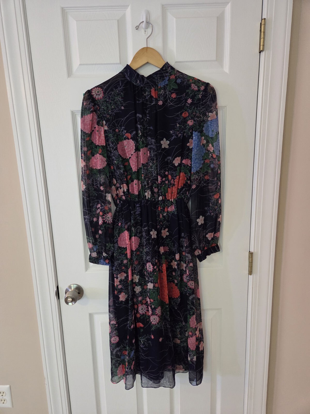 Hanae Mori Dress Women&rsquo;s Small Navy Blue VTG Floral Print Long Sleeve Sheer