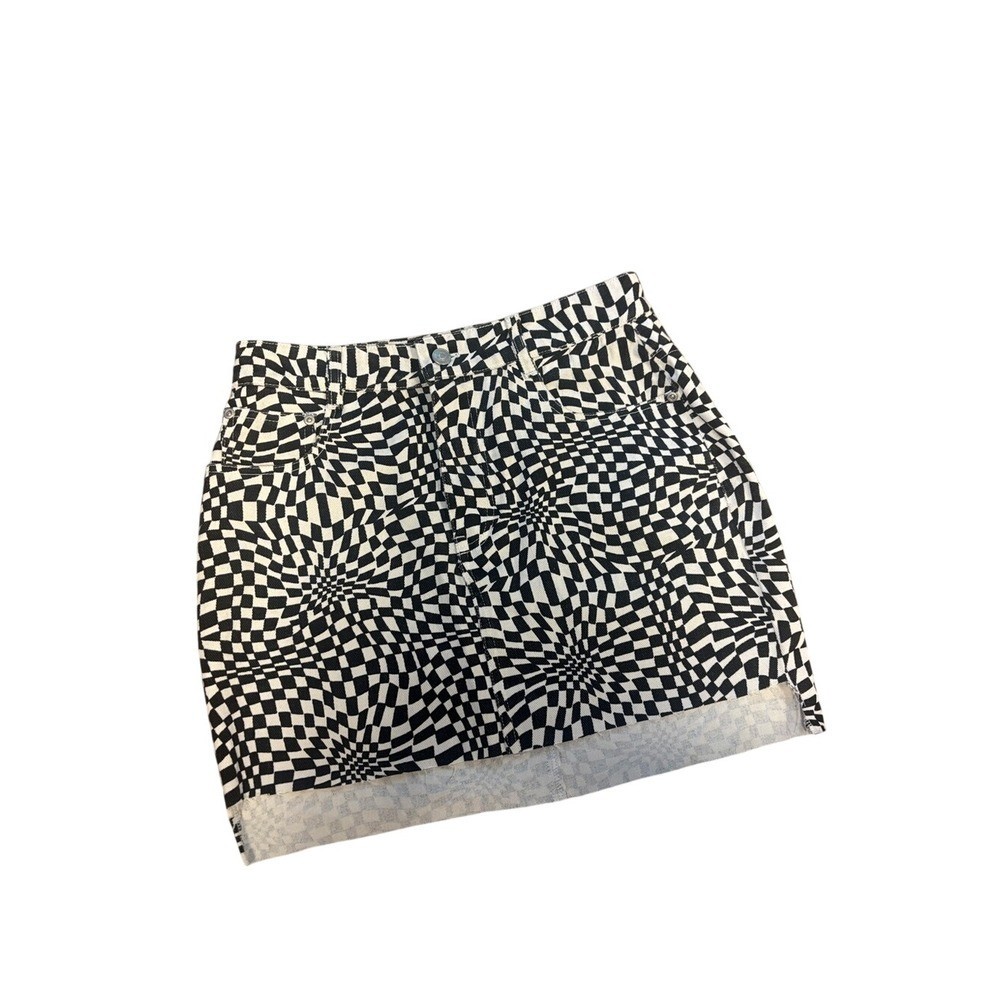 VICI Black White Warped Checkerboard Denim Mini Skirt Psychedelic Print Medium