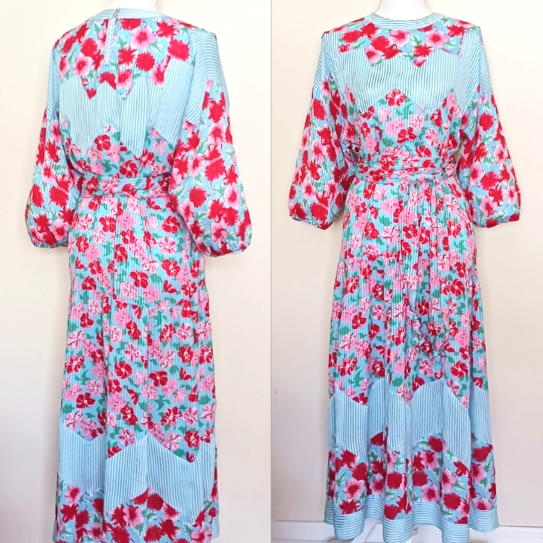 VTG 80s Diane Freis Floral Print Belted Midi Dress Georgette Fabric Hong Kong