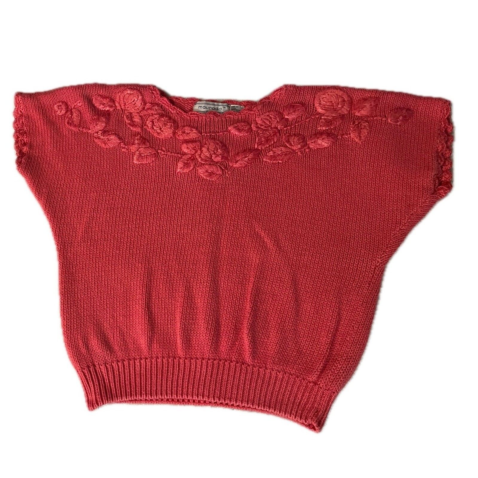 Vintage Cottagecore Pink Floral Embroidered Knit Top Ramie Cotton Blend Medium