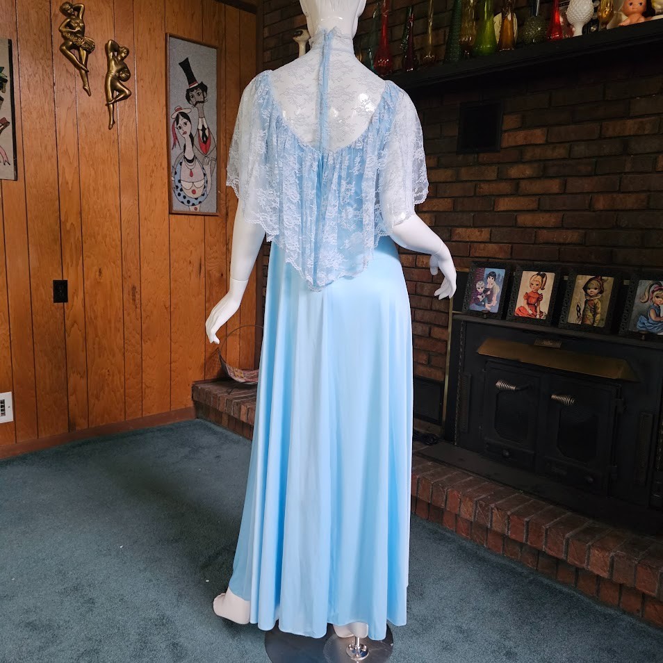 Vtg 70s Victorian Revival High Lace Neck Powder Blue Capelet Maxi Gown Dress S/M