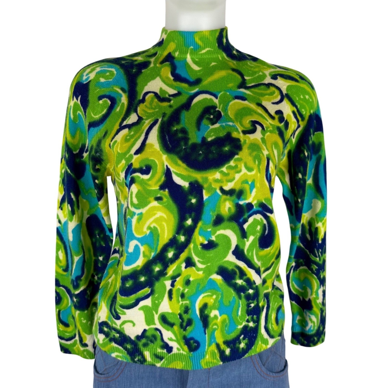 Vintage 70s Psychedelic Paisley Mock Neck Sweater Green Blue Mod 34