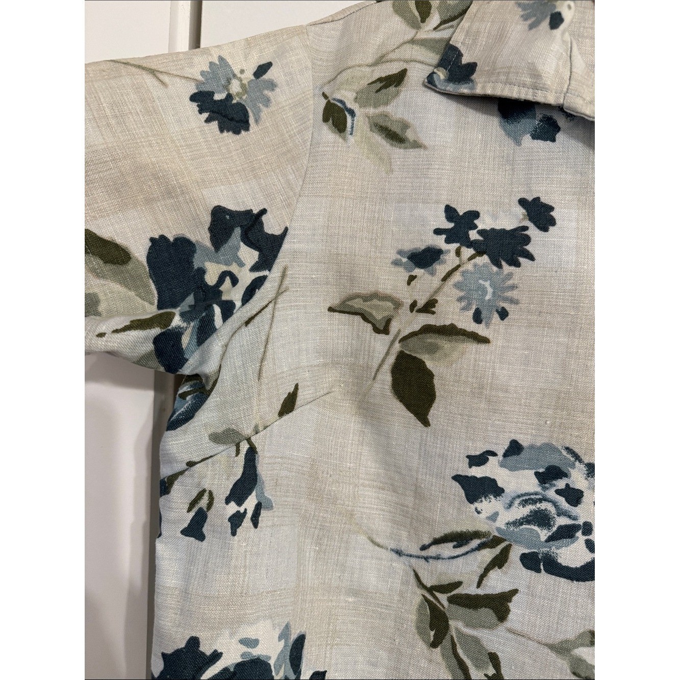 VTG 80s Floral Short Sleeve Cropped Blouse Blue Green 100% Linen Relaxed Collar