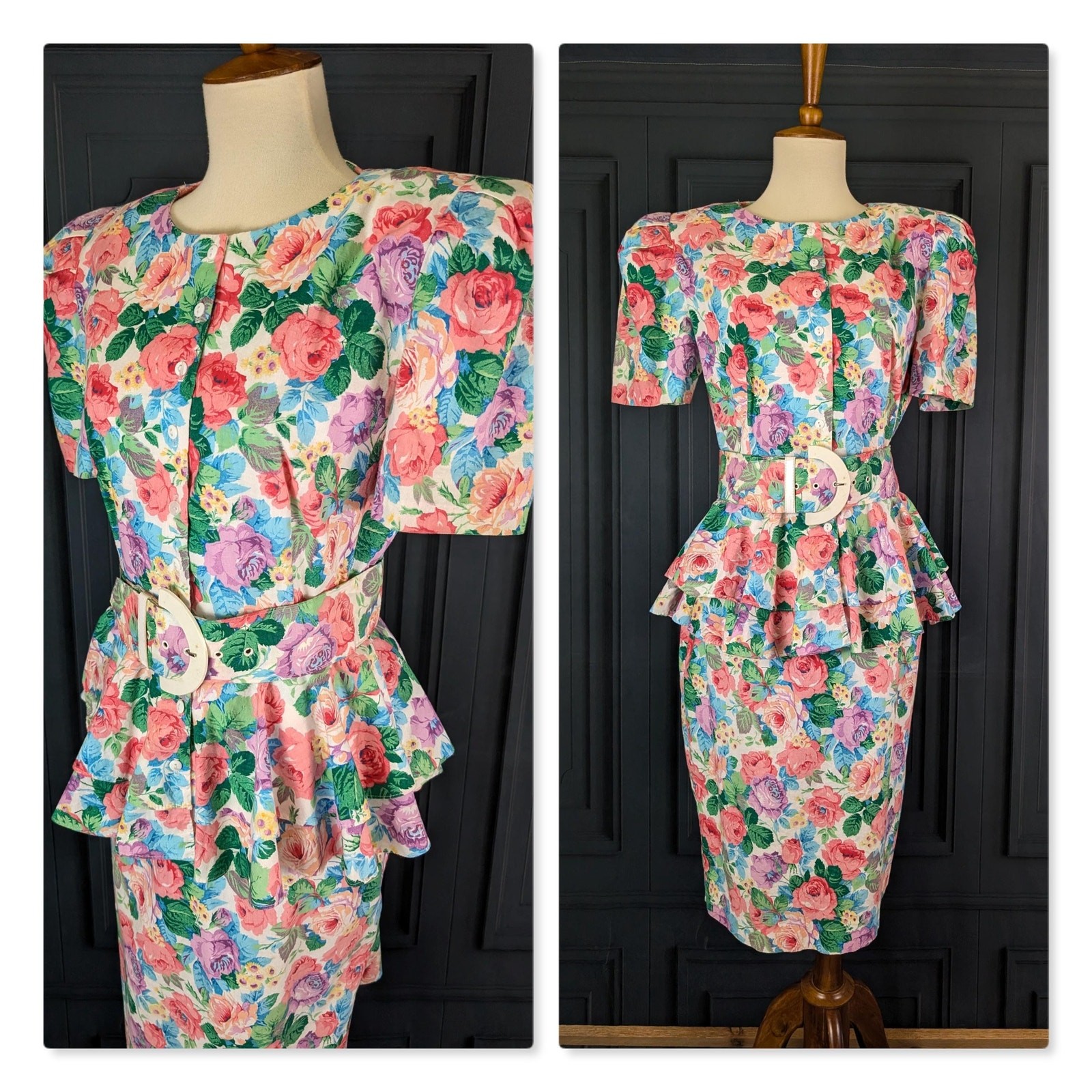 Vintage 80&rsquo;s 90&rsquo;s Dress Floral Print Shoulder Pads Belt Peplum Sheath M L 11 12
