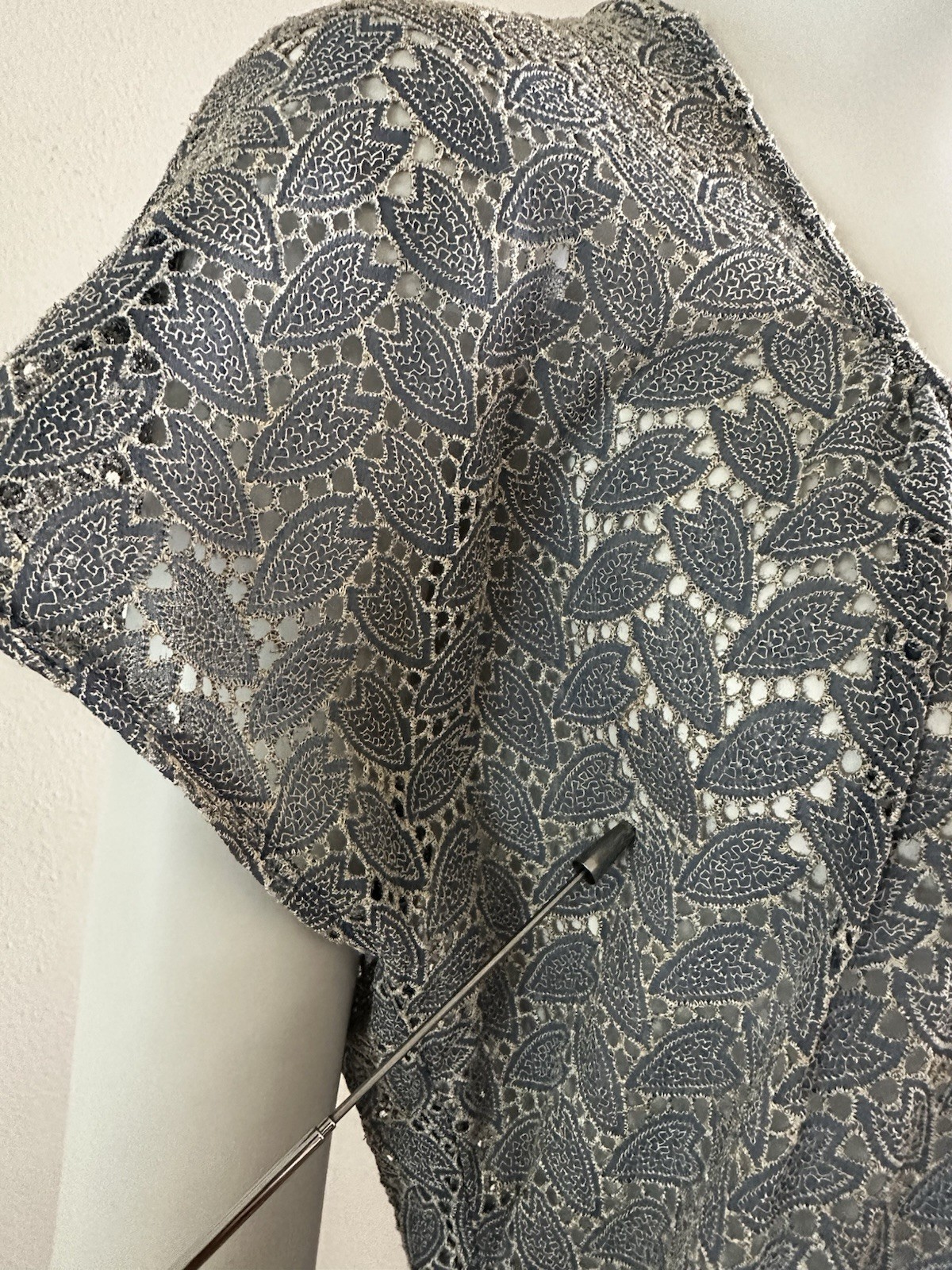 1940s Embroidered Rayon Crepe Cutwork Hostess Lounge Dress Blue Maxi L XL