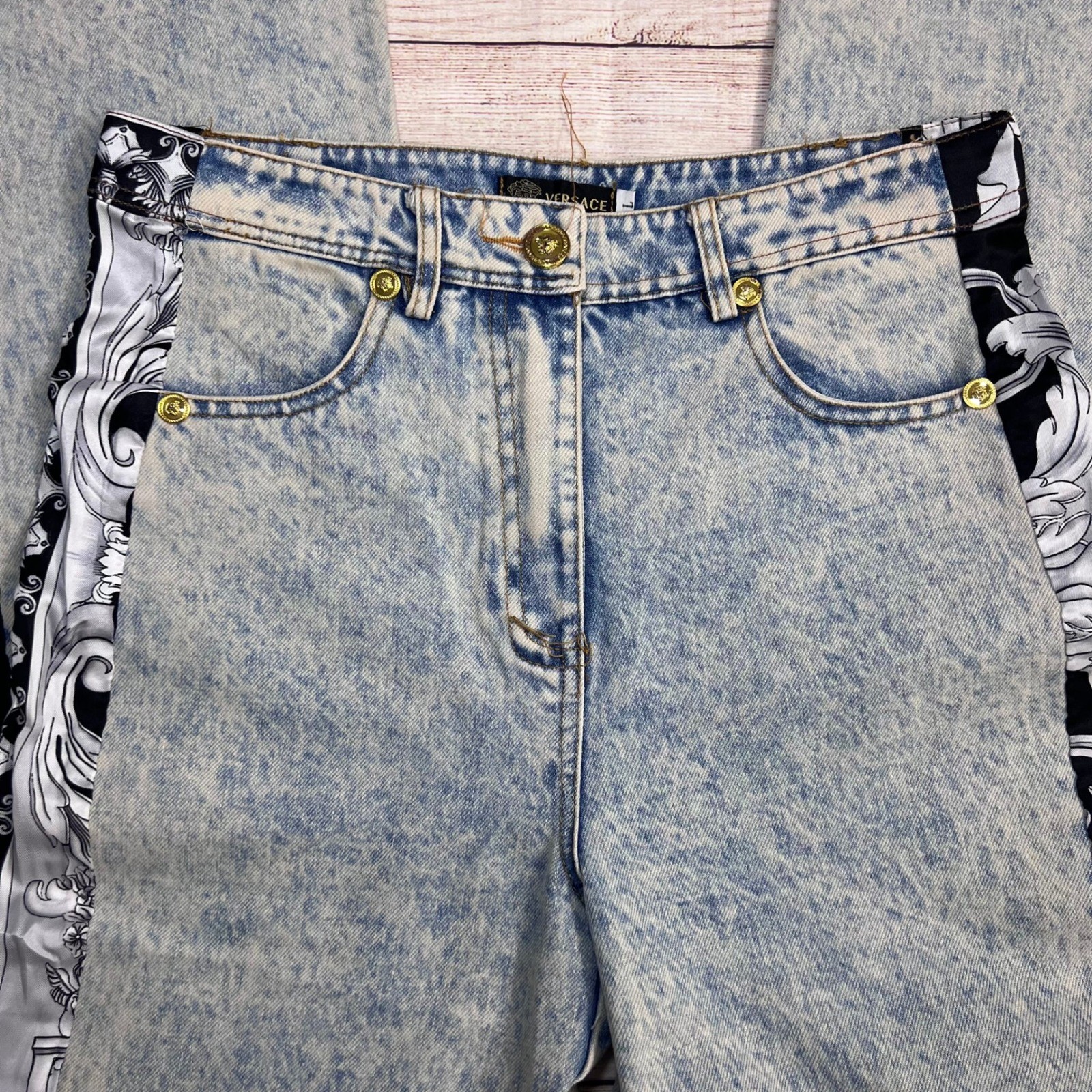 Y2K Custom Versace Vintage Inspired Denim Baroque Bandana Side Stripe Size Large