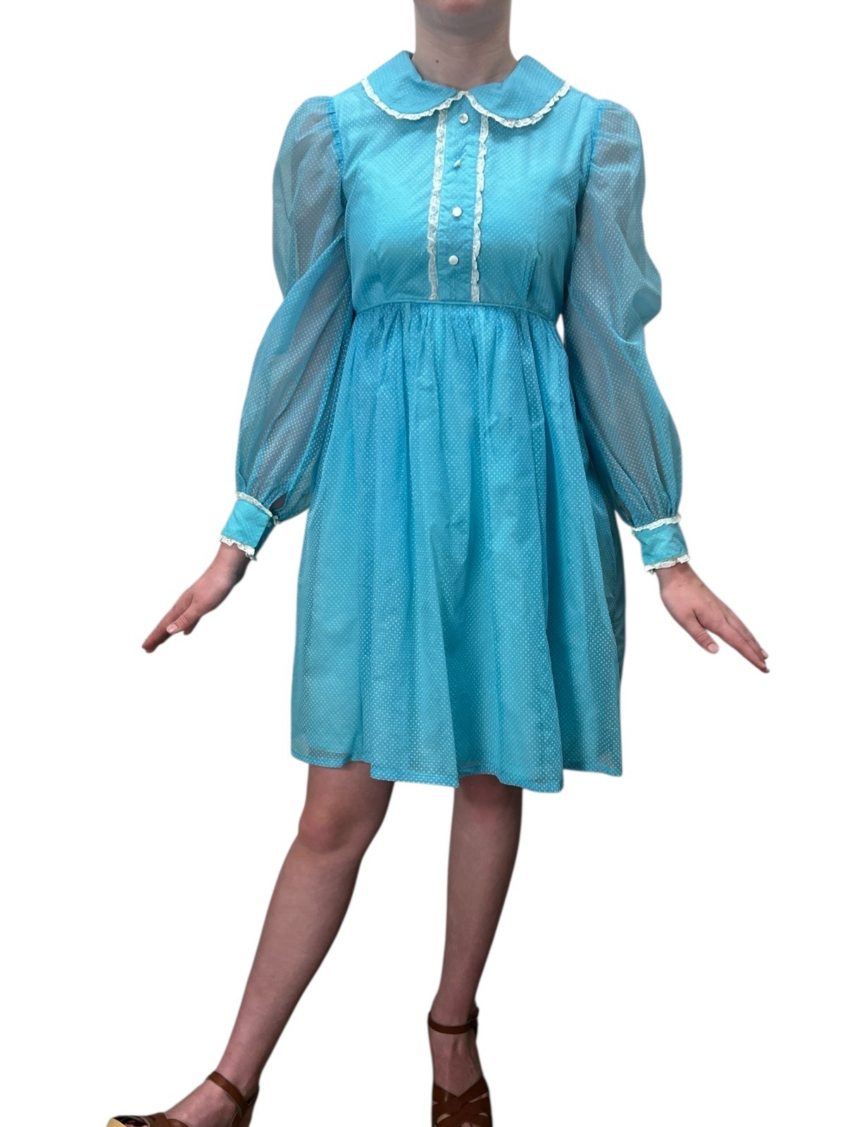 Vtg 60s Sz XS~S BABYDOLL Mini Dress Blue Swiss Dot Empire Waistline MOD