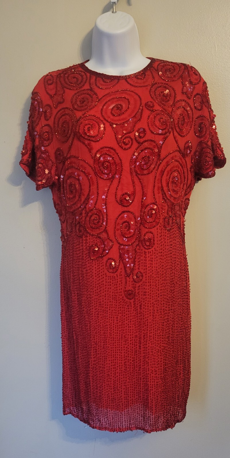 Vintage 80s Red Beaded Niteline Cocktail Dress Sequin Dynasty Flapper 6