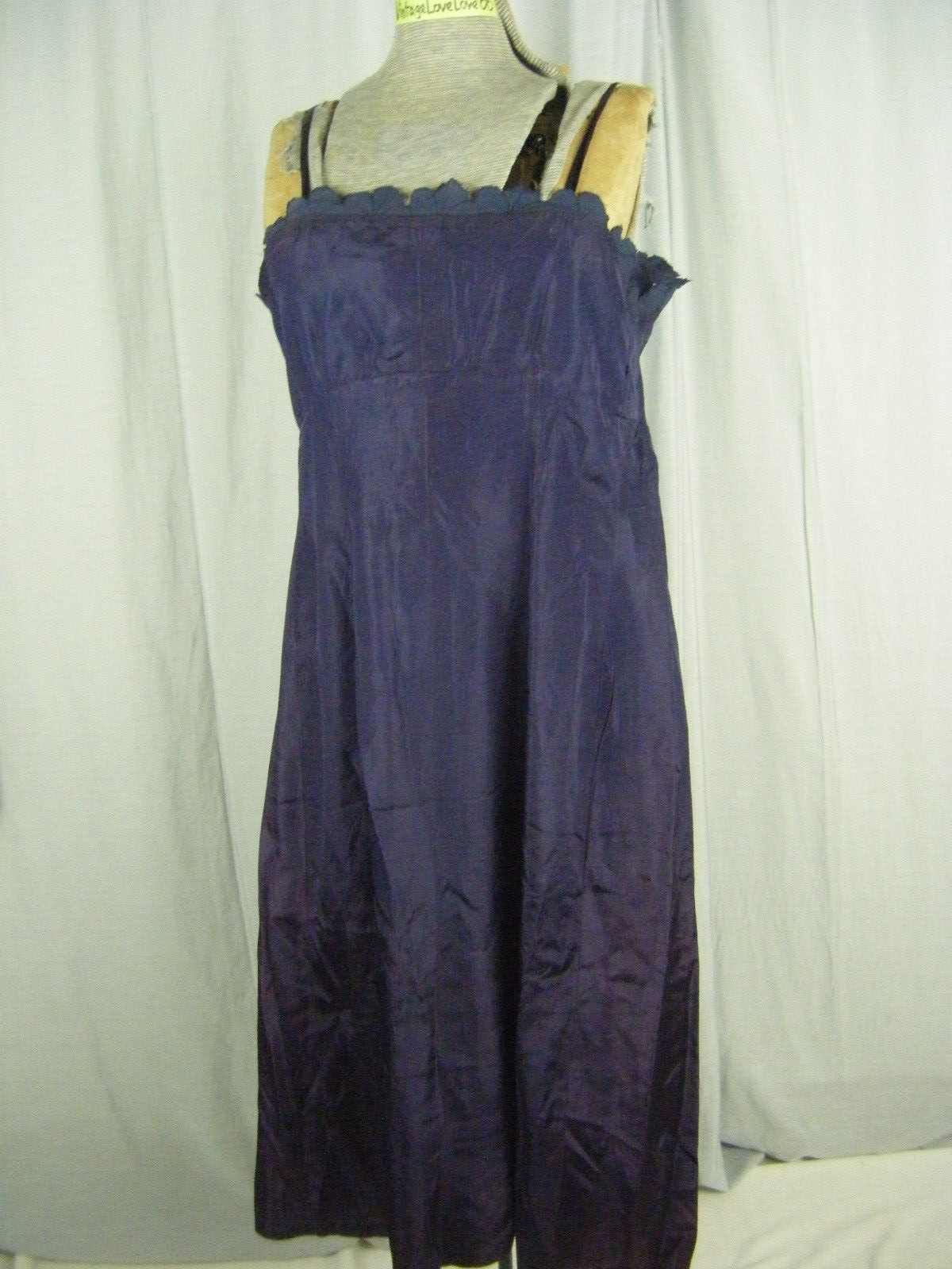 Antique 1927 Navy Blue Chiffon Silk Flapper Dress & note 3 pcs-Bust 38/2XS-XS