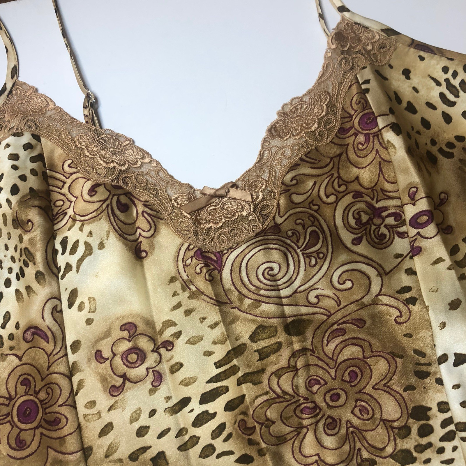 Delicates Brown Floral Leopard Nightgown Bodice Slip Dress Silky Satin Medium