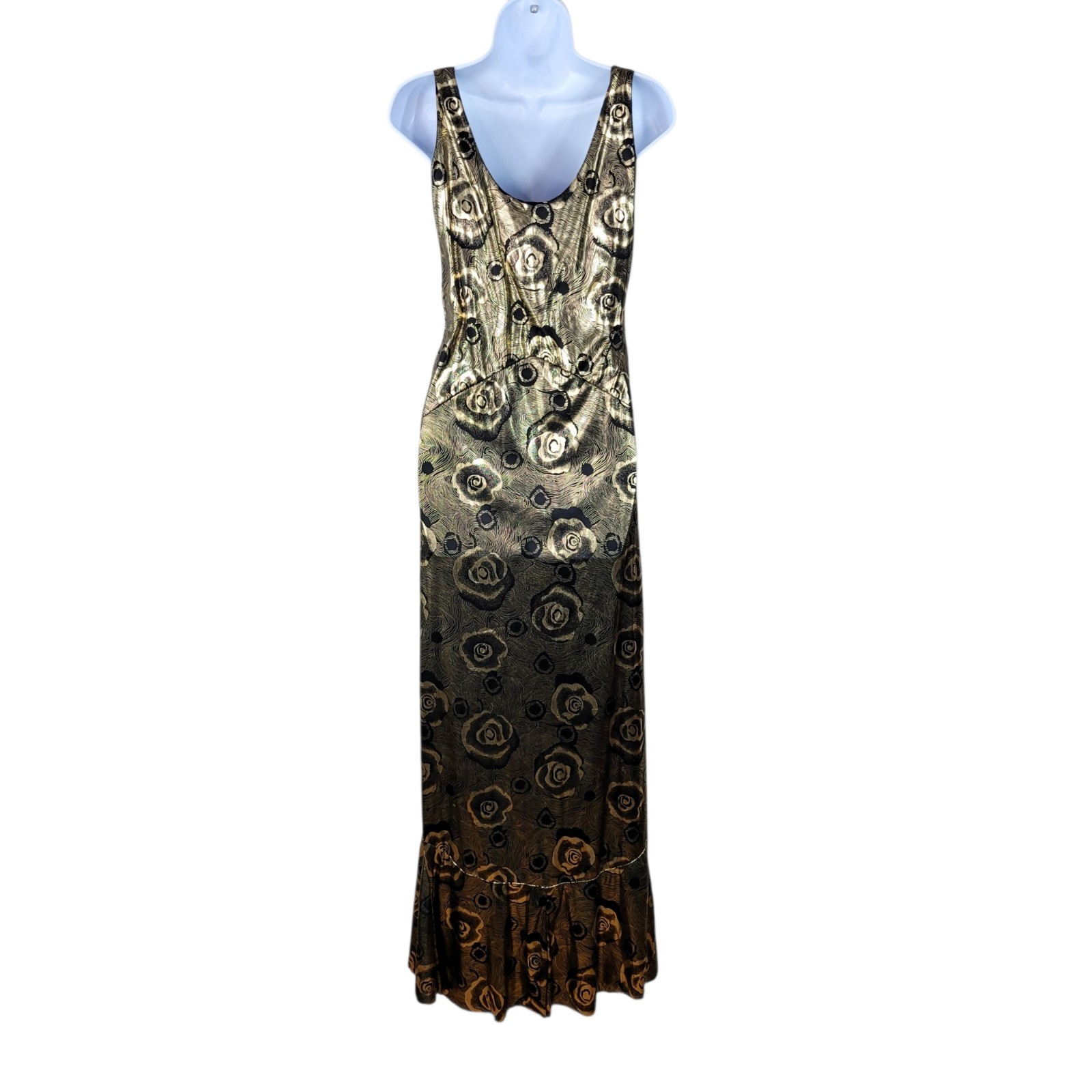 Vintage 70s Metallic Gold Long Evening Gown Dress Small Glamour Liquid Floral