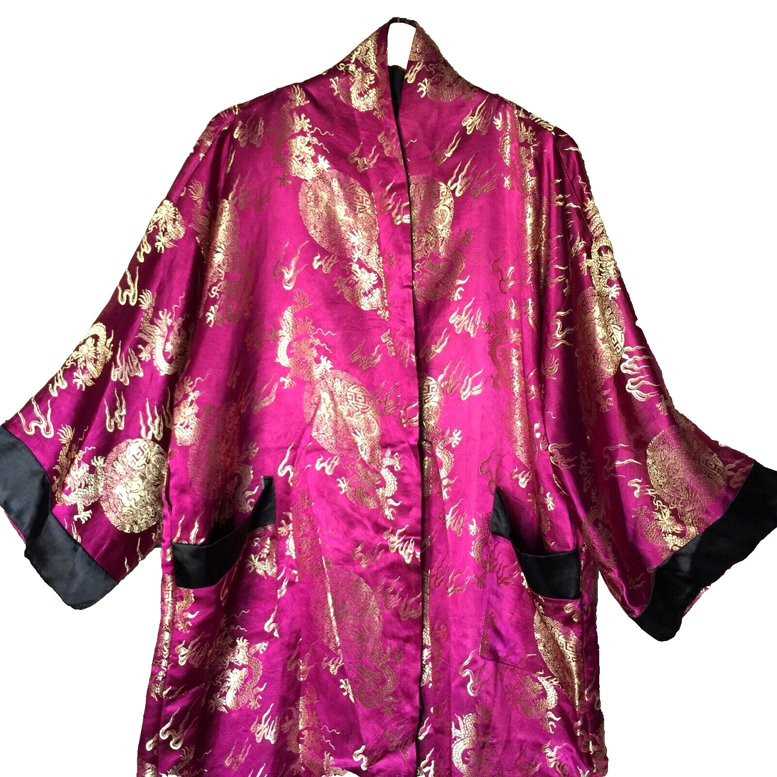 Vtg Kimono Robe Chest 50 in. Pink Gold Dragons Embroidered Satin Long Orient h
