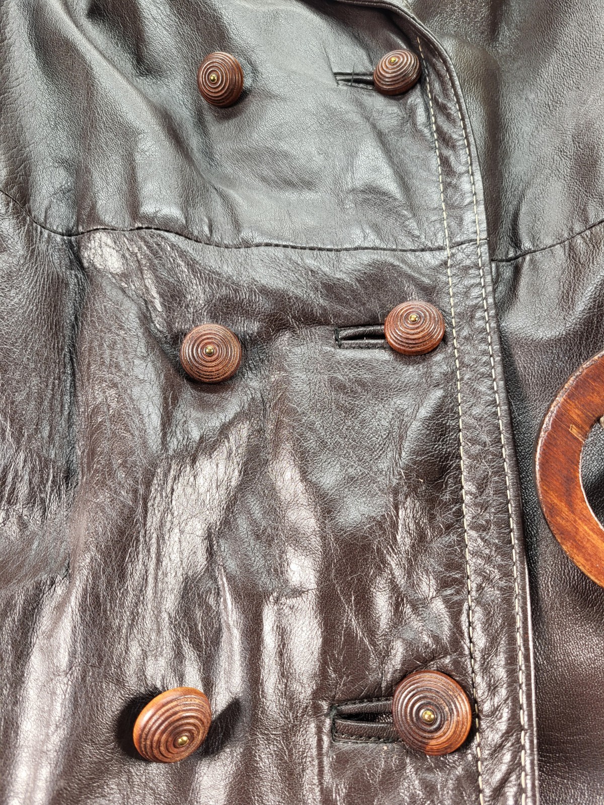 Dan Di Modes Belted Brown Leather Trench No Size Tag Distressed Spots Vintage