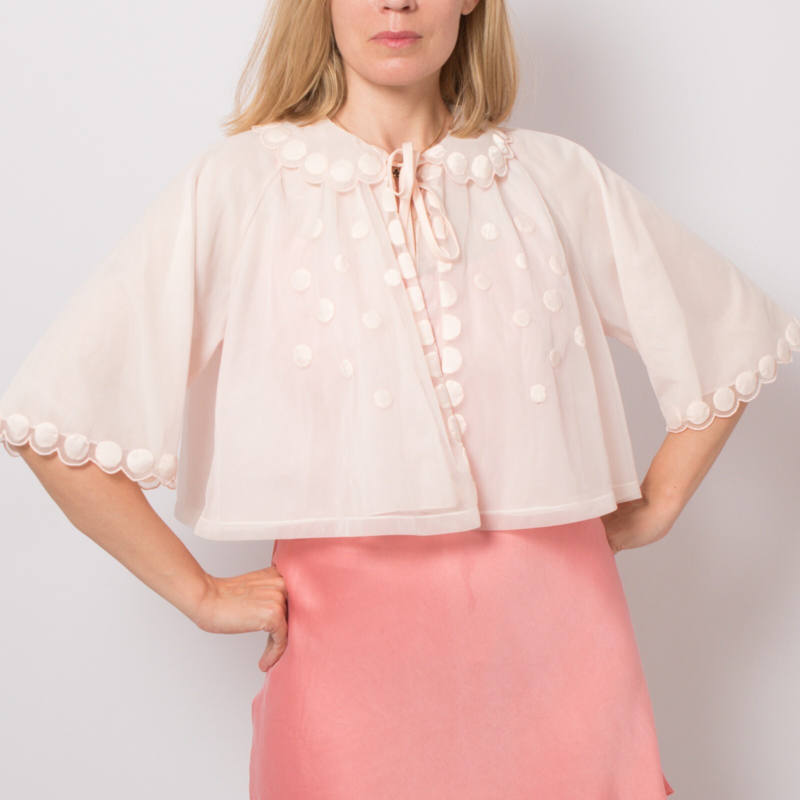 Sheer Bed Jacket Nylon Vintage Pink Double Layer S/M Size by Hattie Carnegie