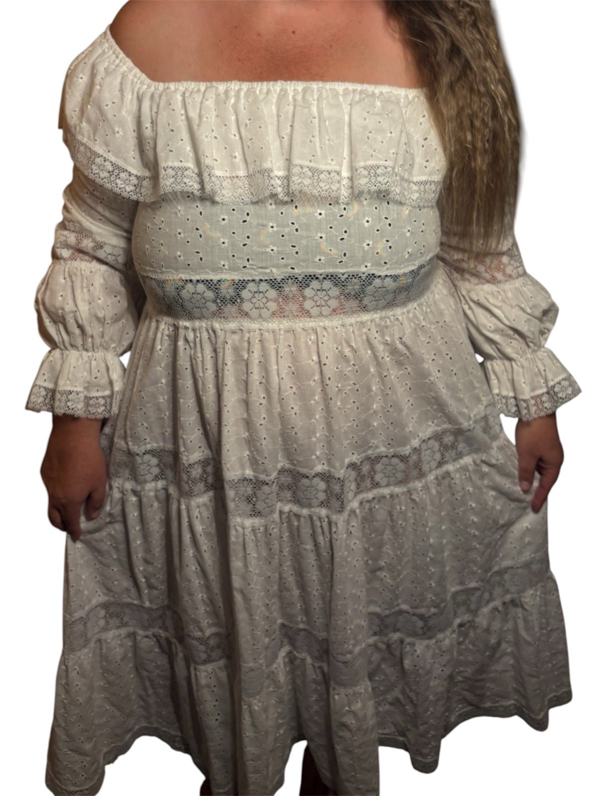 Vtg 70&rsquo;s David Brown CA Prairie Cottagecore Dress Tiered Eyelet L/XL READ Tag S
