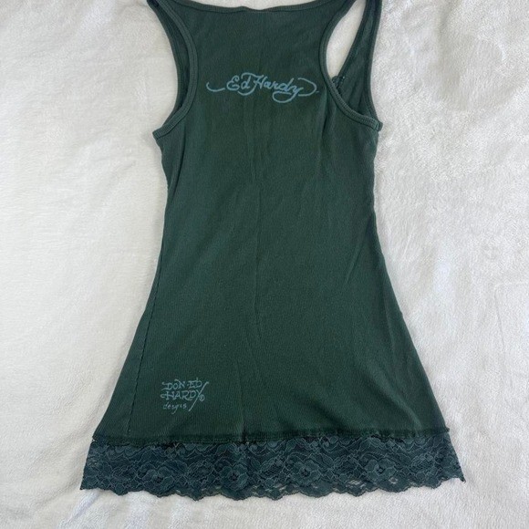 Rare Ed Hardy green peekaboo lace graphic tank top y2k vintage mcbling grunge
