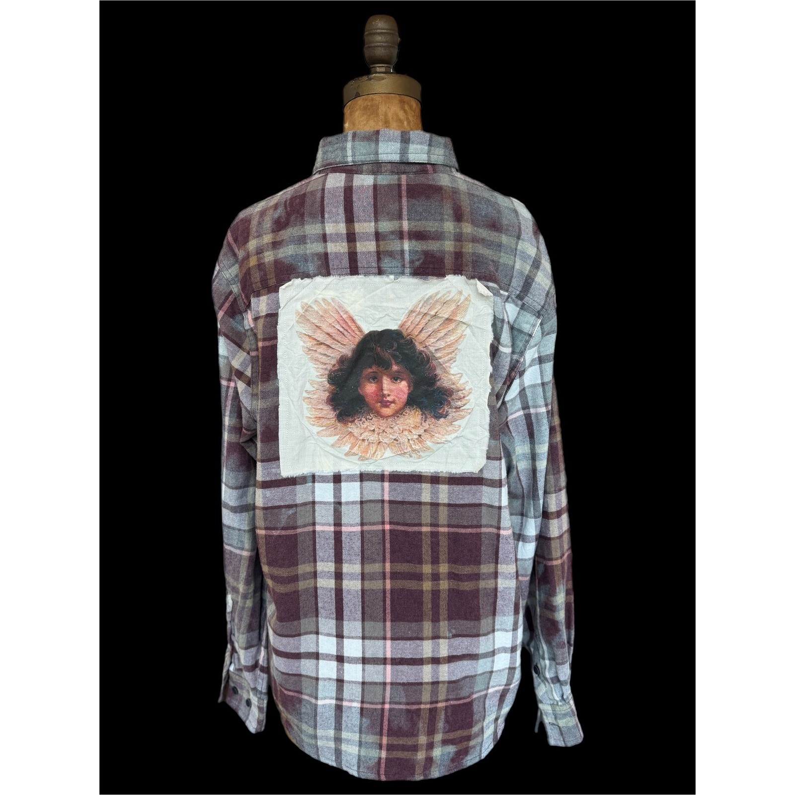 Upcycled Flannel Shirt w Vintage Angel Patch Cottage-core Boho Folk Art