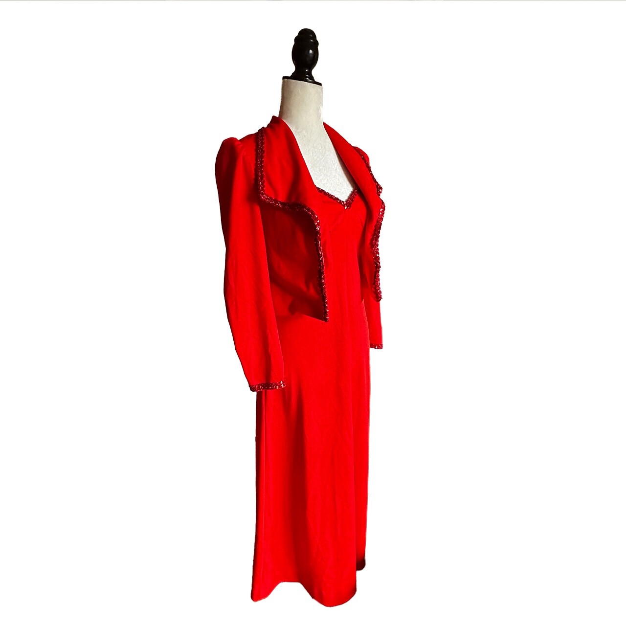 Vintage 1970s Red Max Sequini Evening Dress & Bolero Jacket Empire Waist Small