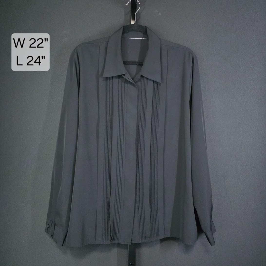 Vintage Blouse L W22 L24 Gray Pleated Tuxedo Shirt Long Sleeve Dress Shirt