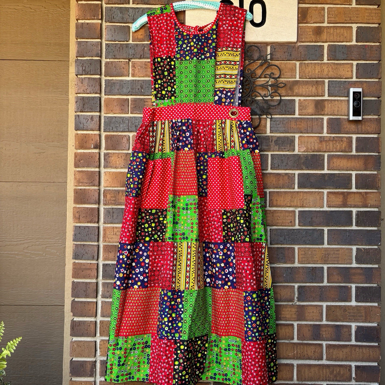 Vintage 1970s Patchwork Apron Smock Wrap maxi dress with pockets and ties S/M