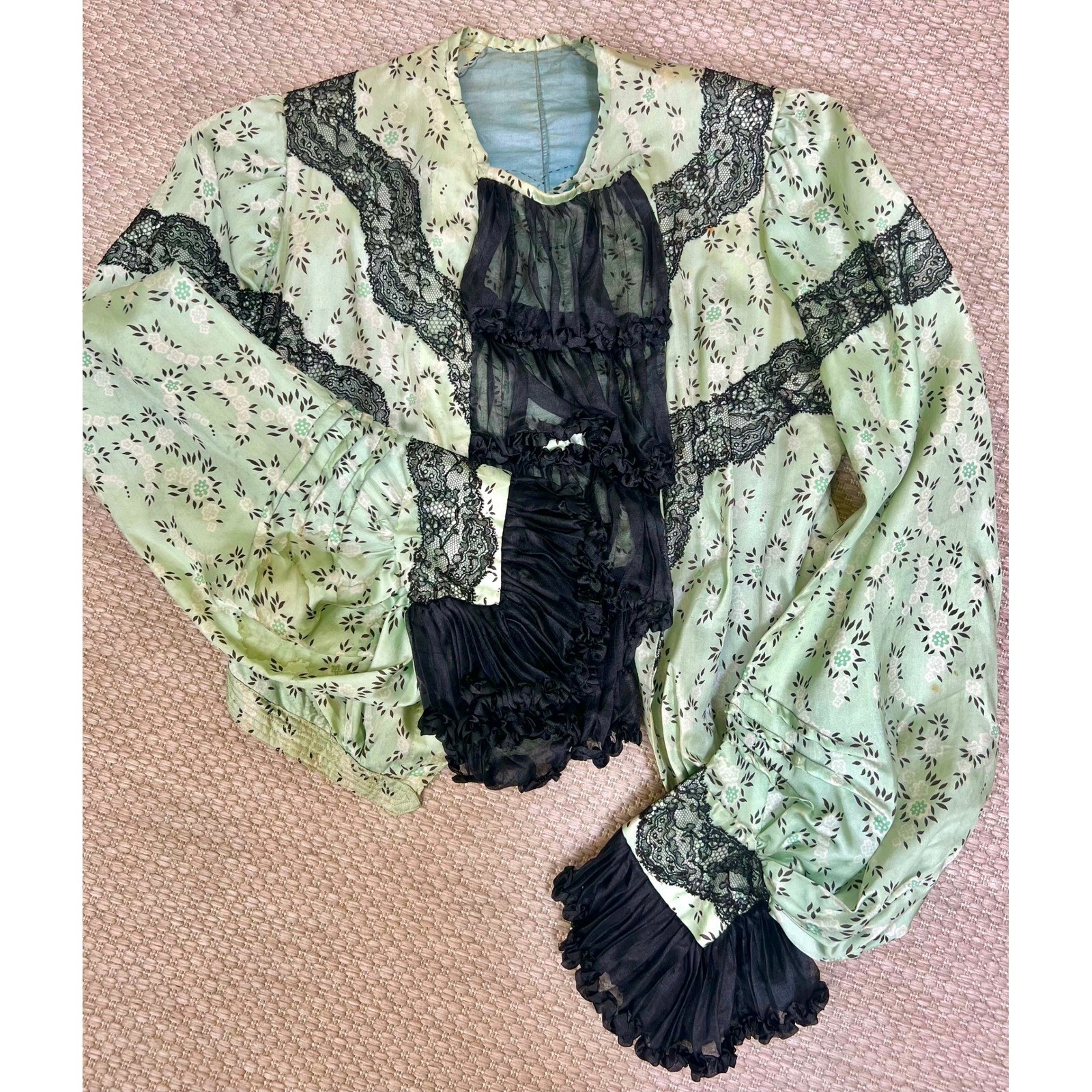 Antique Victorian Mint Green Printed Silk Two Piece Floral Skirt Set Black Lace