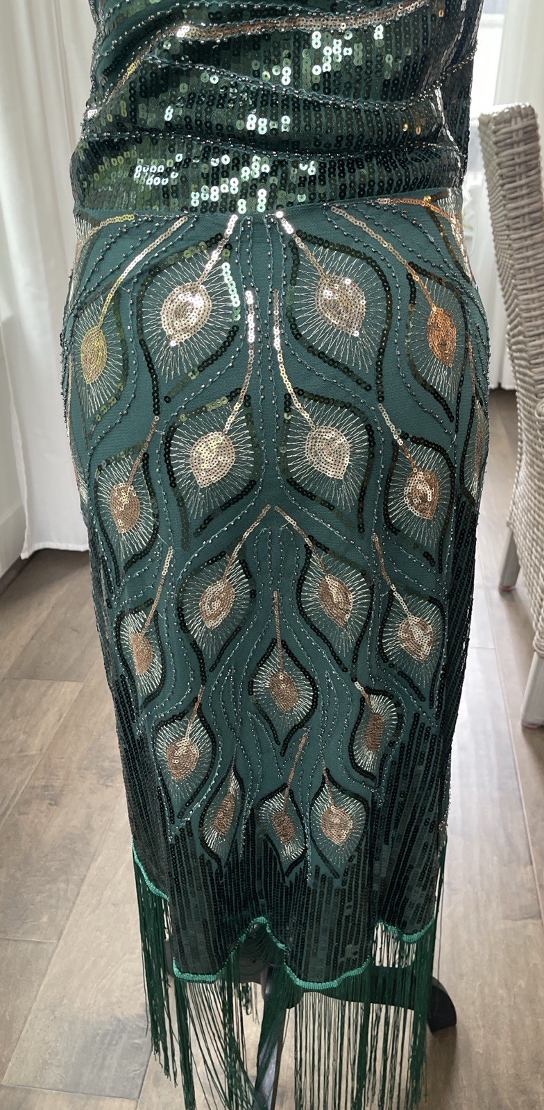 1920s Gatsby Flapper Dress Green Sequin Fringe Beaded Art Deco Evening