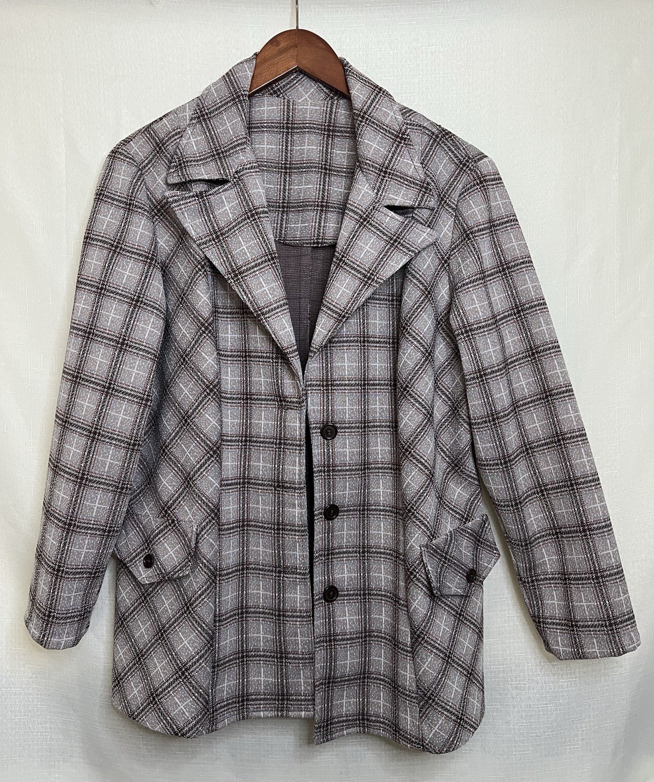 Vintage 70s Gray Plaid Checked Blazer Jacket Size L Faux Pockets Lightweight