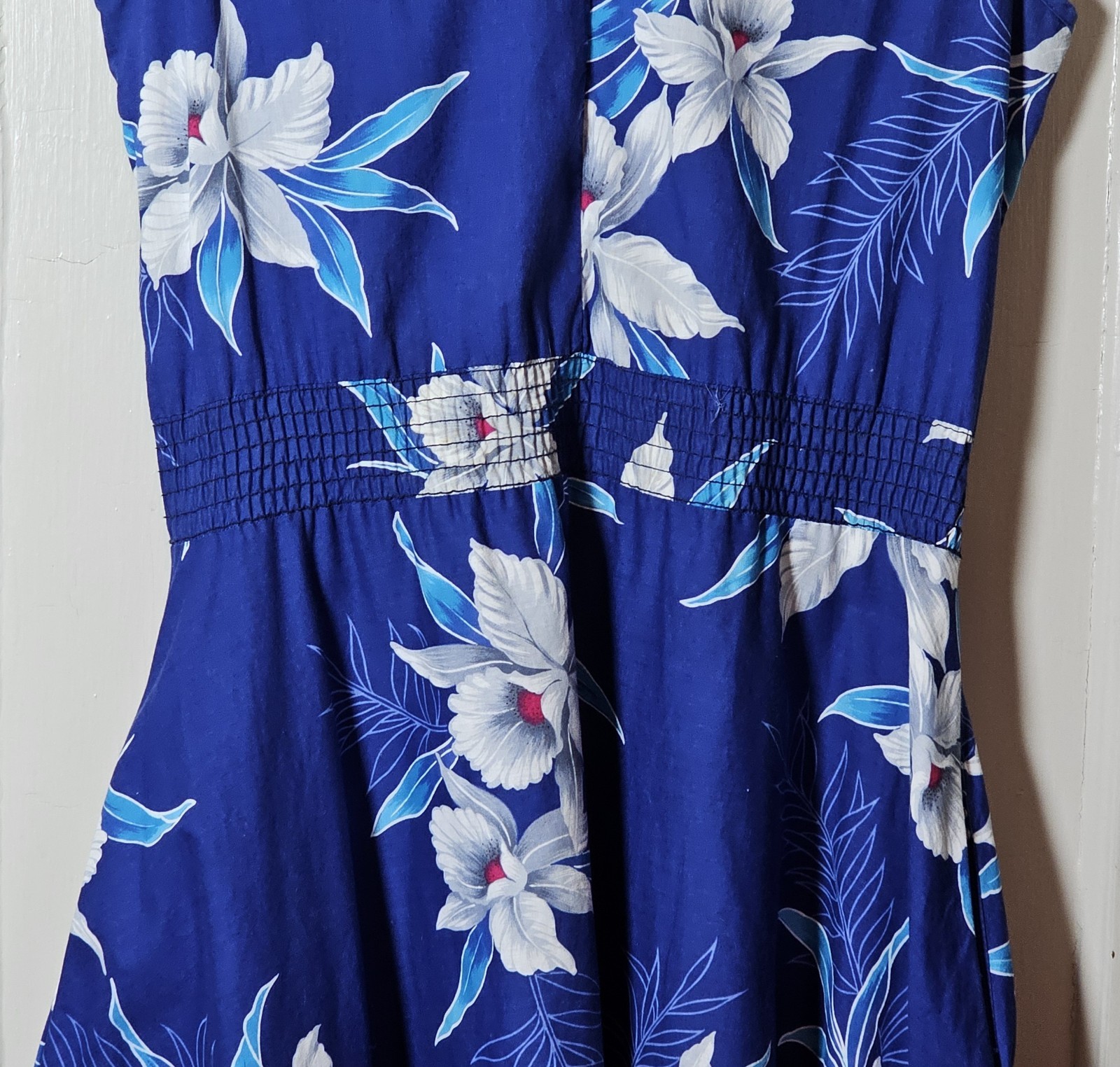 VGT 90s Banana Bay Dress Size M Blue Cotton Tropical Floral Hawaiian Hibiscus