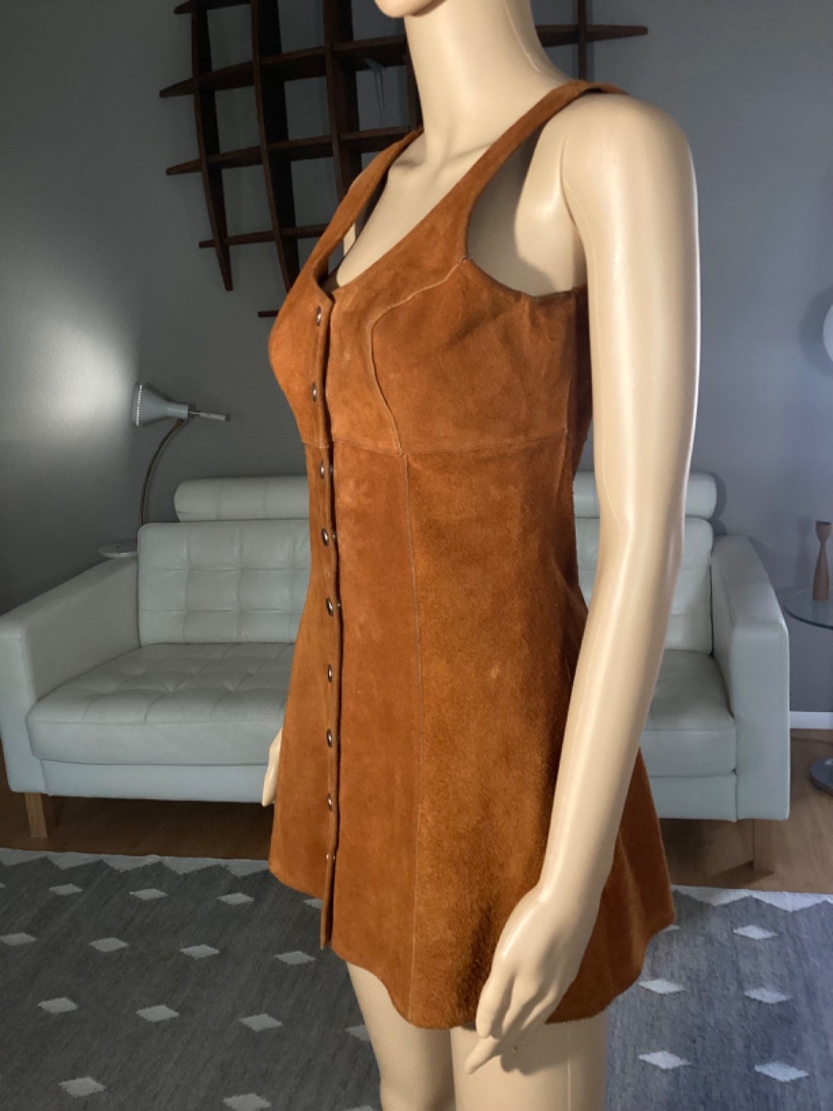 Vintage 1970&rsquo;s Brown Suede Leather Mini Dress Hippie Woodstock XS/S
