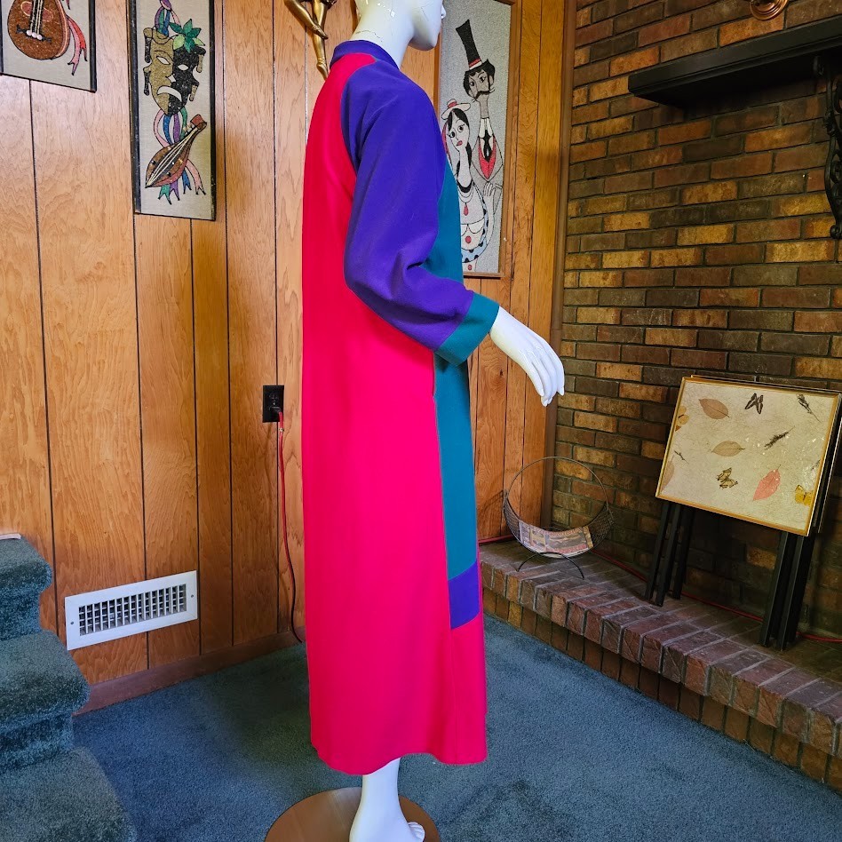 Vtg 80s New Wave Vanity Fair Colorblock Fleece Lounge Maxi Dress Caftan P M/L