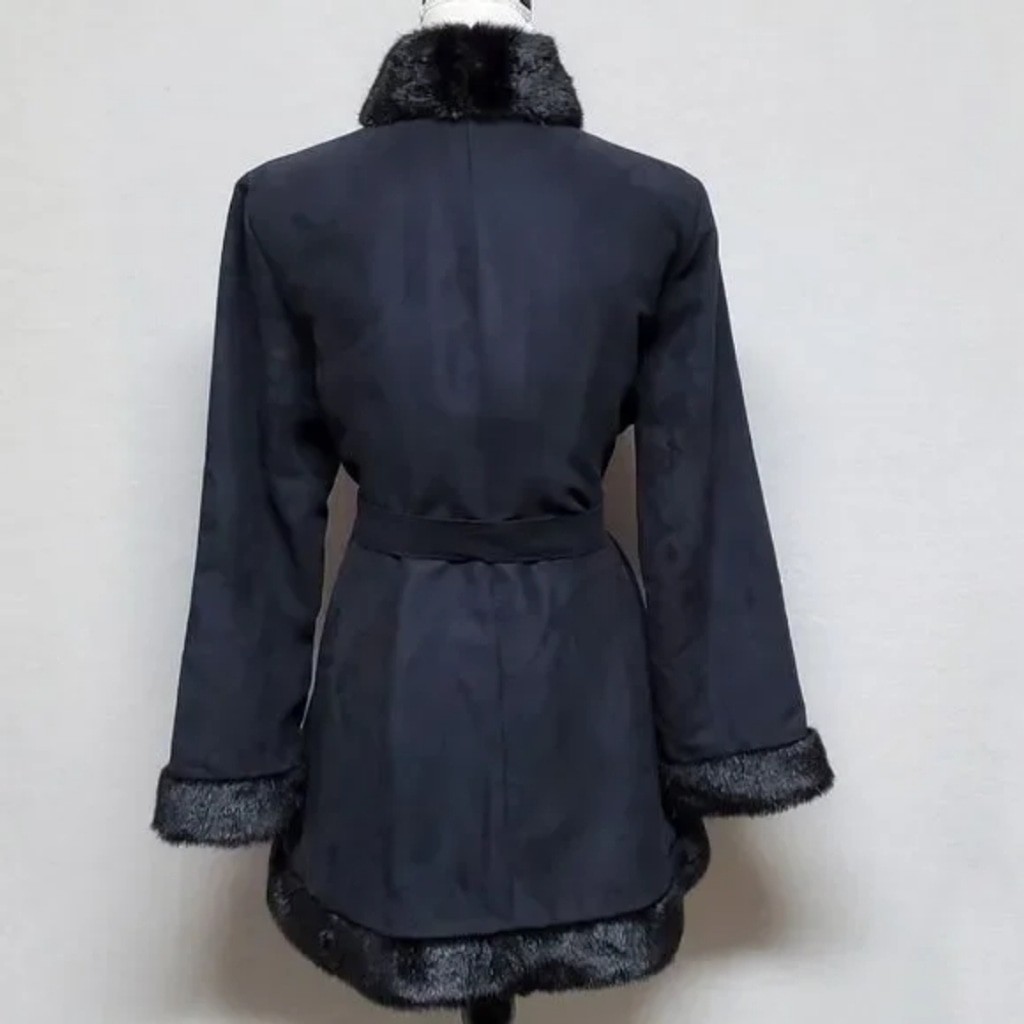 80s Vintage Extra Point by Reference Point Black Faux Suede Faux Fur Belted Coat