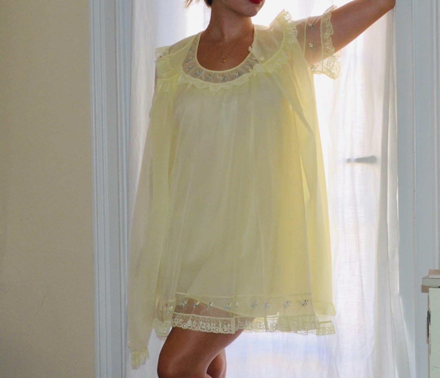 vintage shadowline butter yellow babydoll night down set