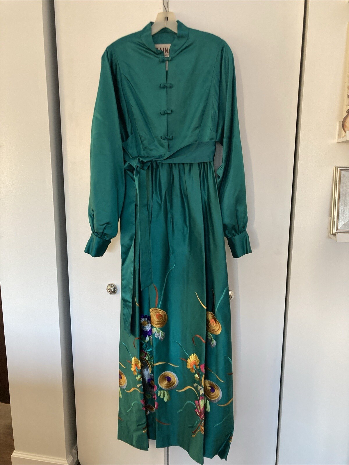 1960s Teal Green Emerald Embroidered Silk Dress Size 10 Charlottes-West Of Akron
