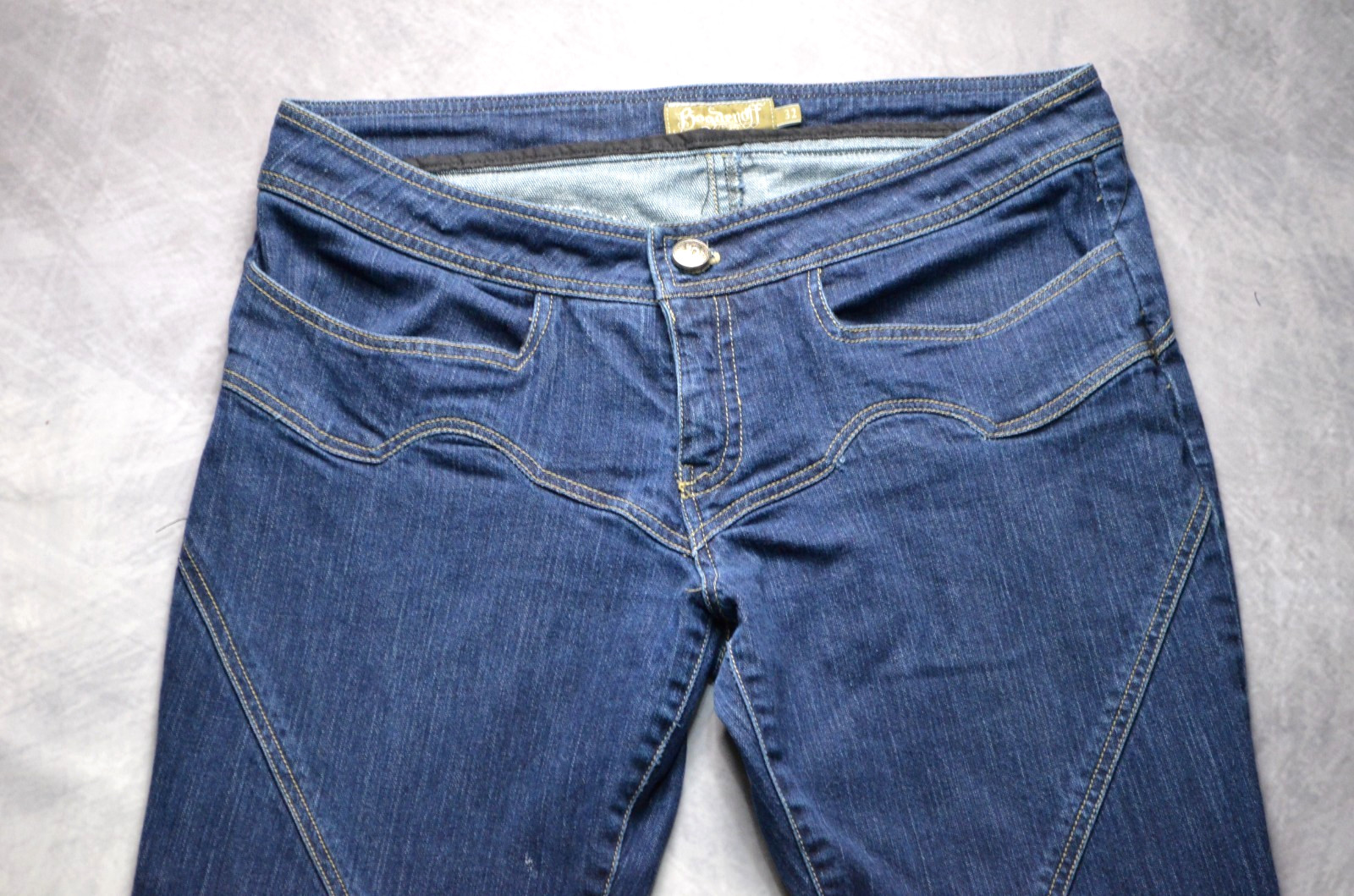 INSANE Bogdenoff LA Bell Bottom Flare Jeans Blue Size 32 Paneled Vintage Y2K