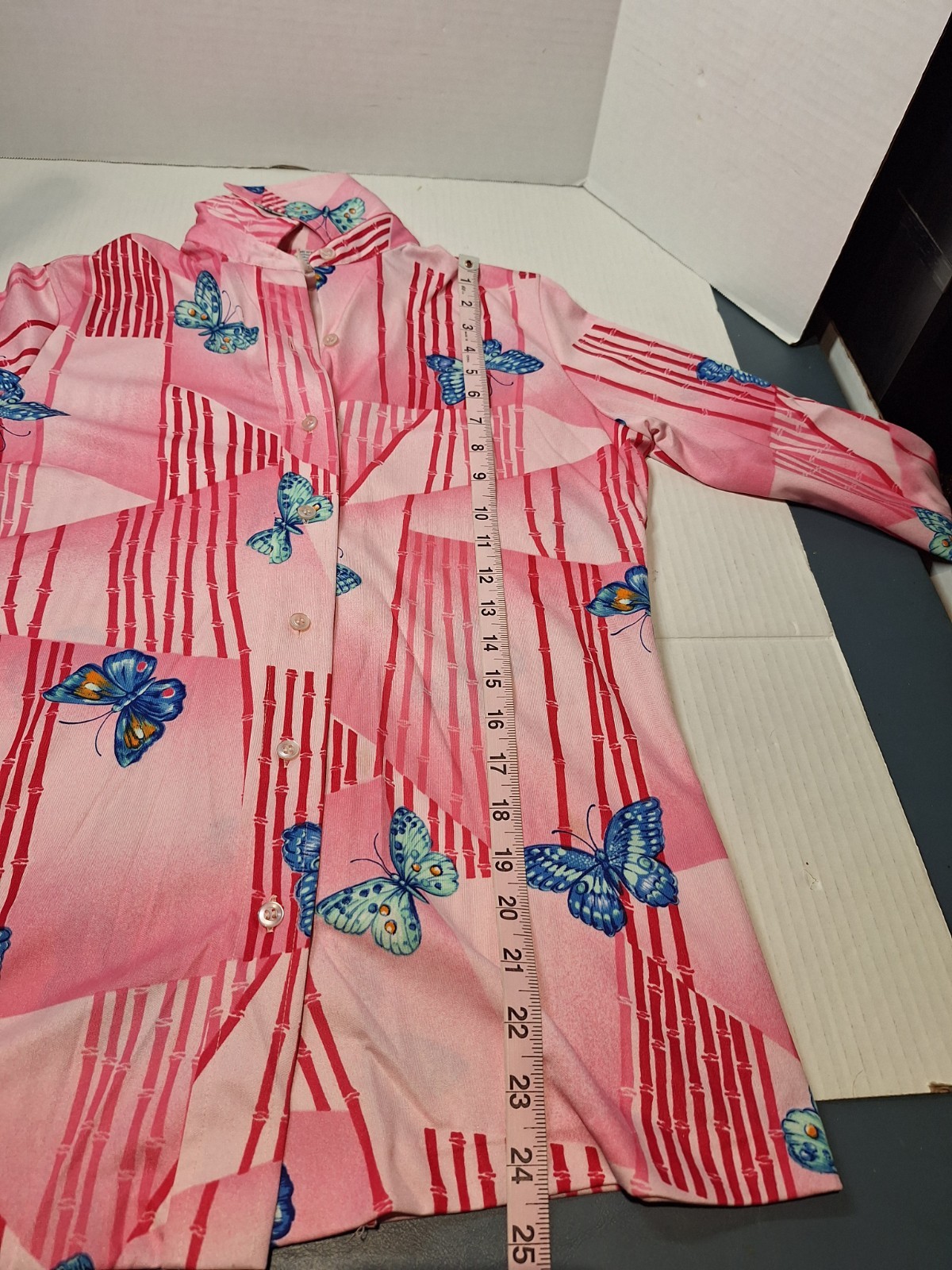 Vintage 1970s Shirt Disco MOD Button Up Womens Hippie Butterfly Graphic Unisex S