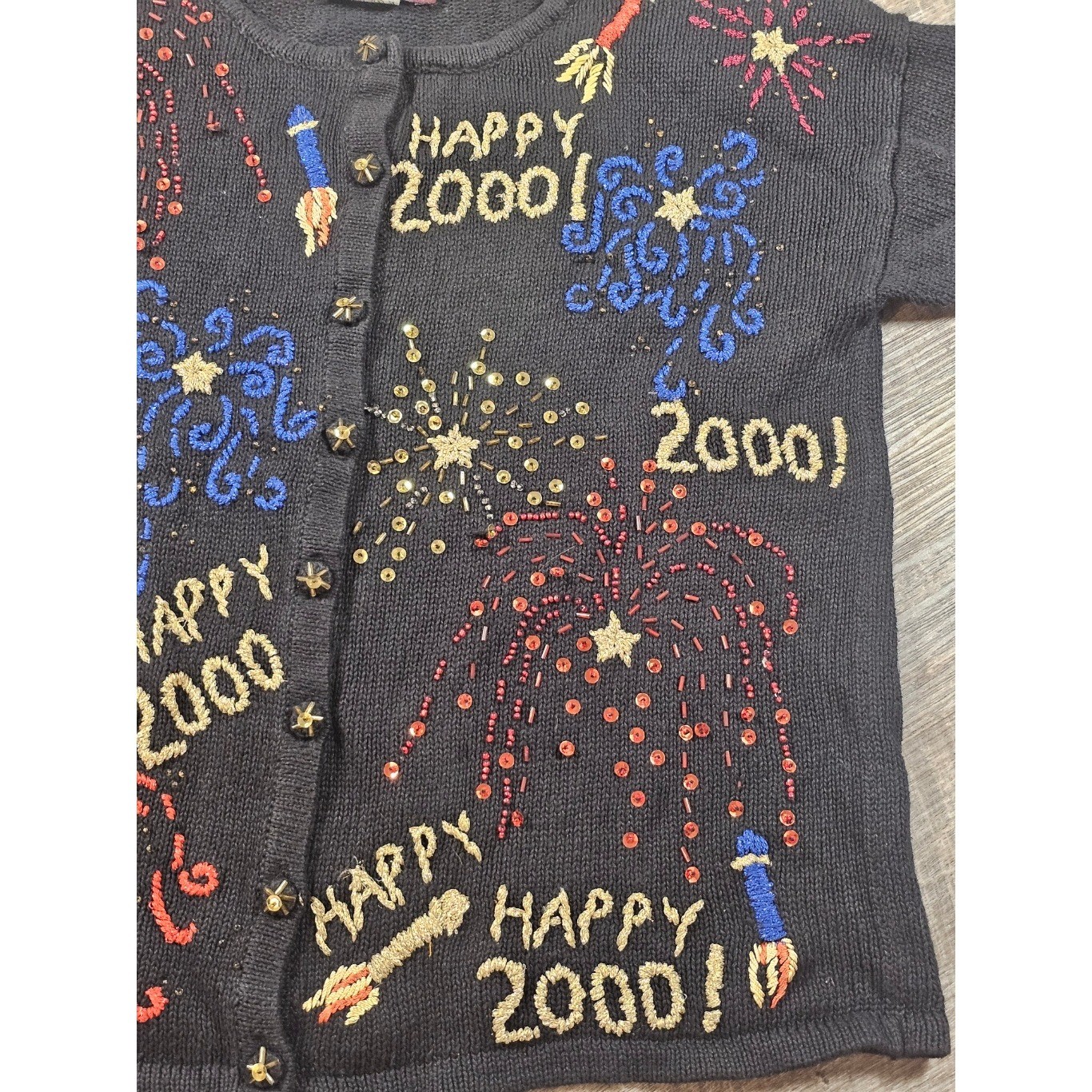 Vintage Y2K Happy 2000 Millennium Fireworks Cardigan Sweater Beaded Sequin Party