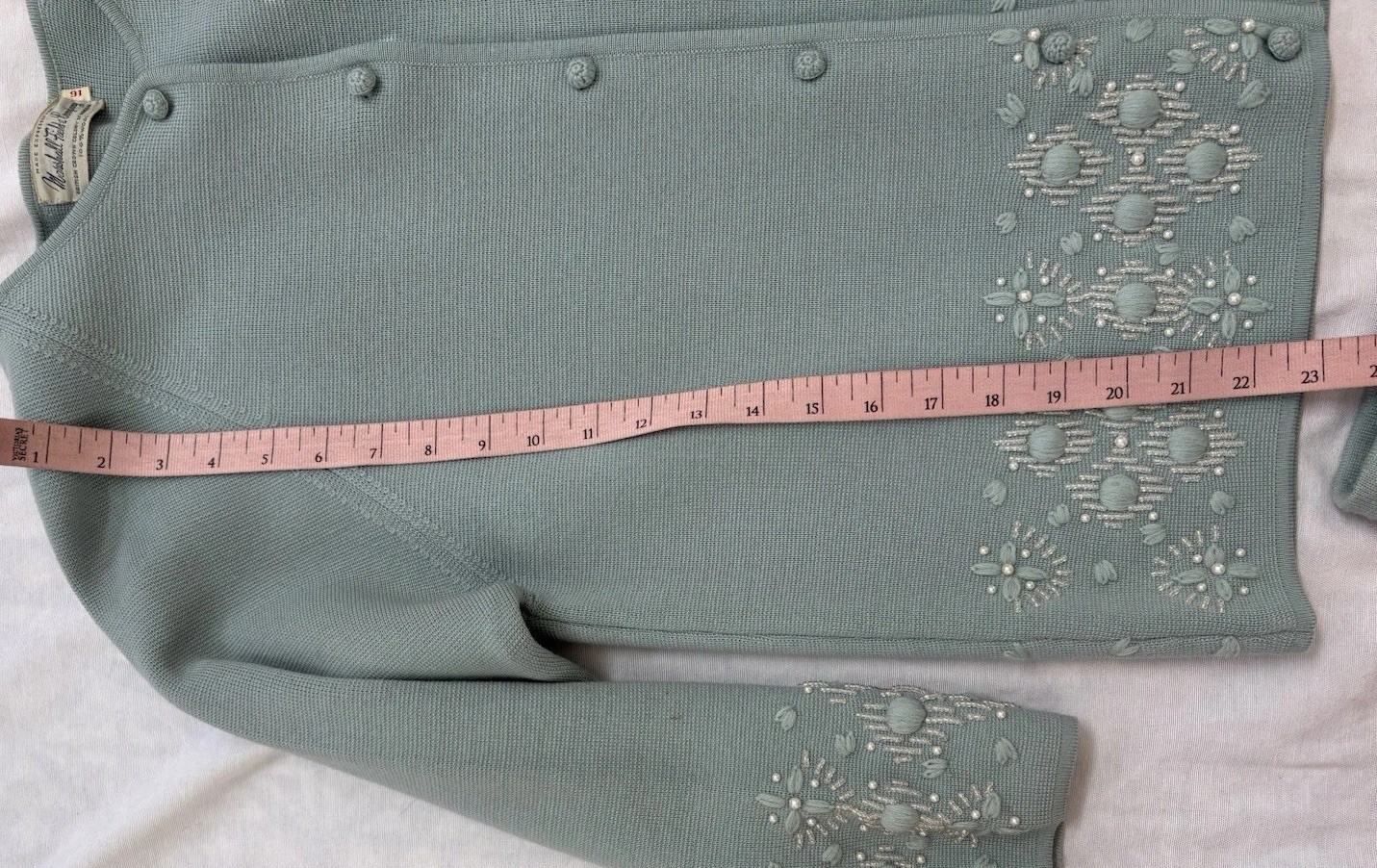 VTG Marshall Fields Skirt Suit Set Womens Large Powder Blue Wool Beaded Pearls
