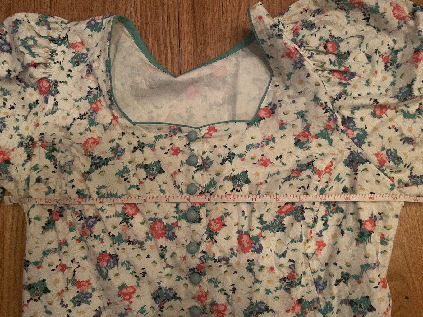 Vintage Floral Square Neck Balloon Short Sleeve Midi Homemade Day Dress S/M