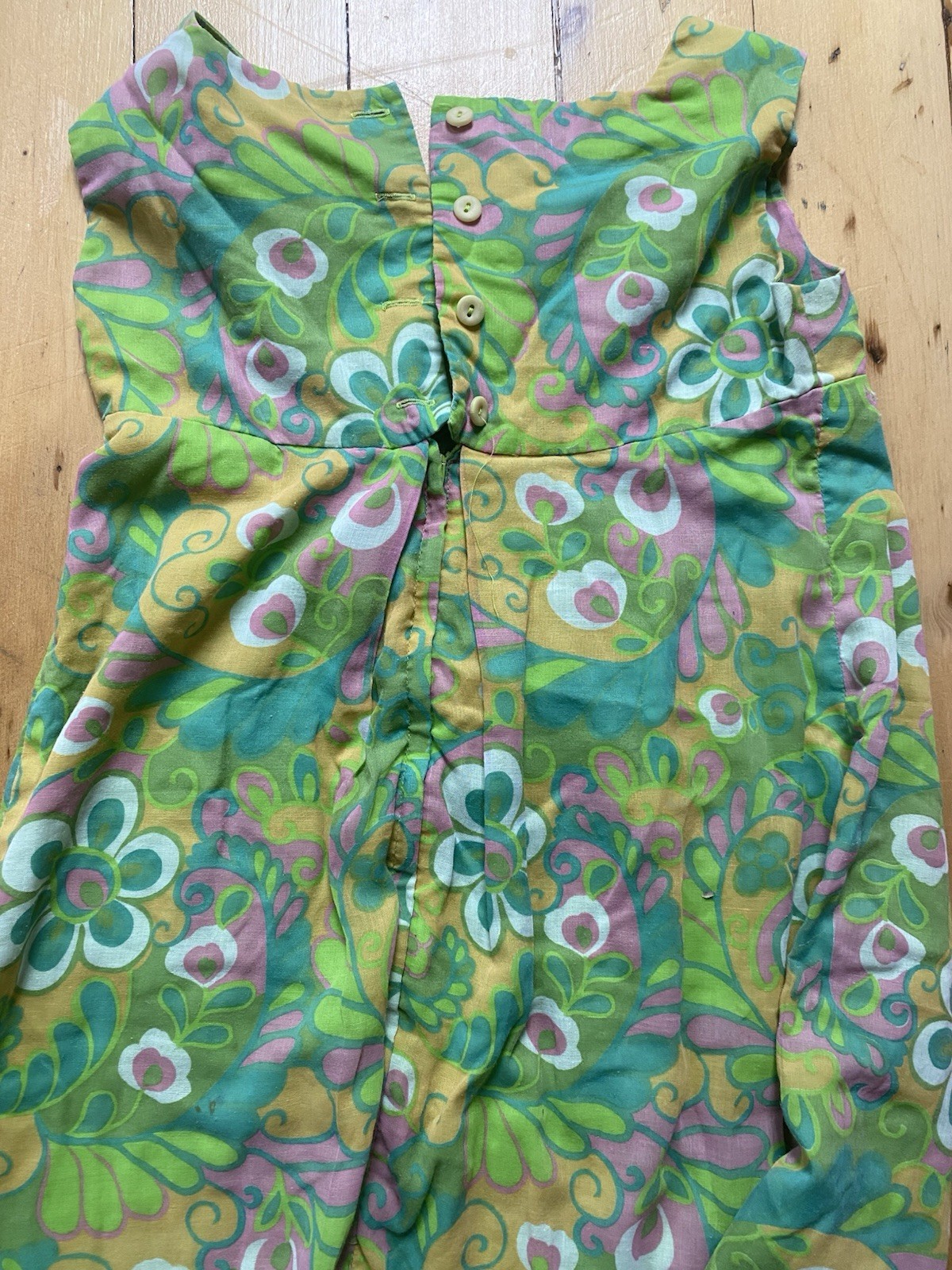 Vintage 60s 70s Juniorite Mod Psychedelic Mini Dress Green Pink Sleeveless Sz S