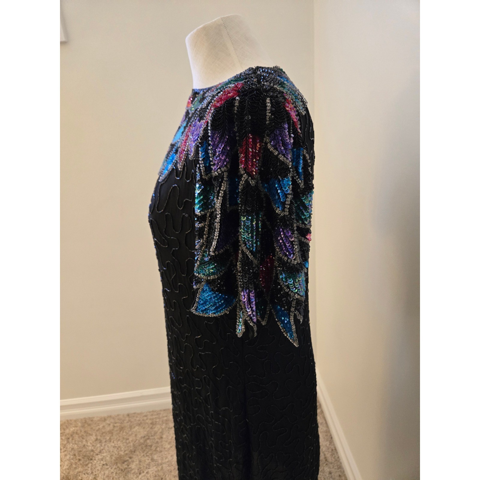 Vintage Silk Sequin Beaded Cocktail Dress Art Deco Sleeve Open Back Midi