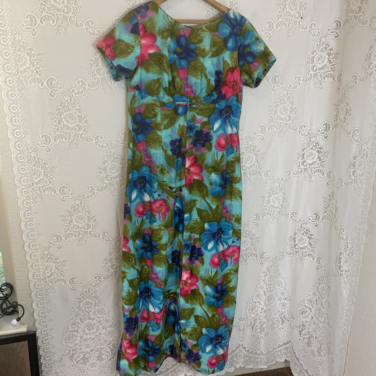 Vintage 50&rsquo;s Alice PolynesianFloral Maxi dress with drape in the back Size L