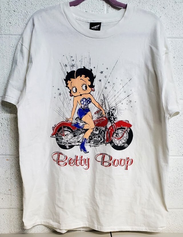 DIAMOND DUST Betty Boop Glitter Motorcycle Graphic Women T Shirt L White &rsquo;94 Rad