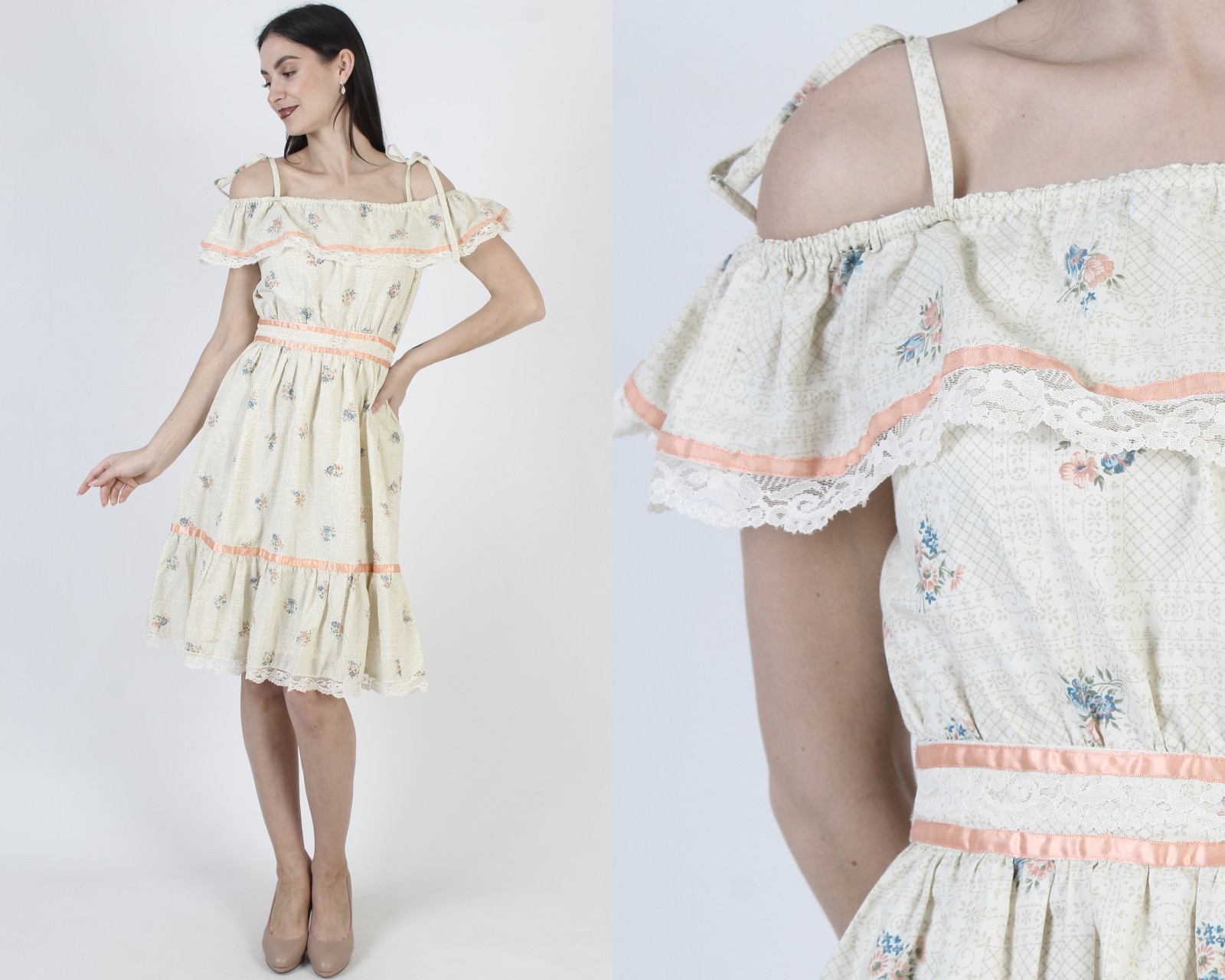 Vtg 70s Cream Off The Shoulder Dress Calico Prairie Boho Prairie Bridal Sundress