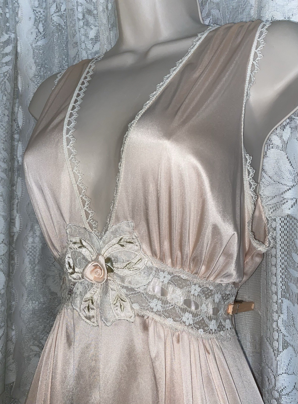 VTG S M FANCY LORRAINE PEACH SOFT Nylon WRAP Peignoir Robe Nightgown w Lace SET
