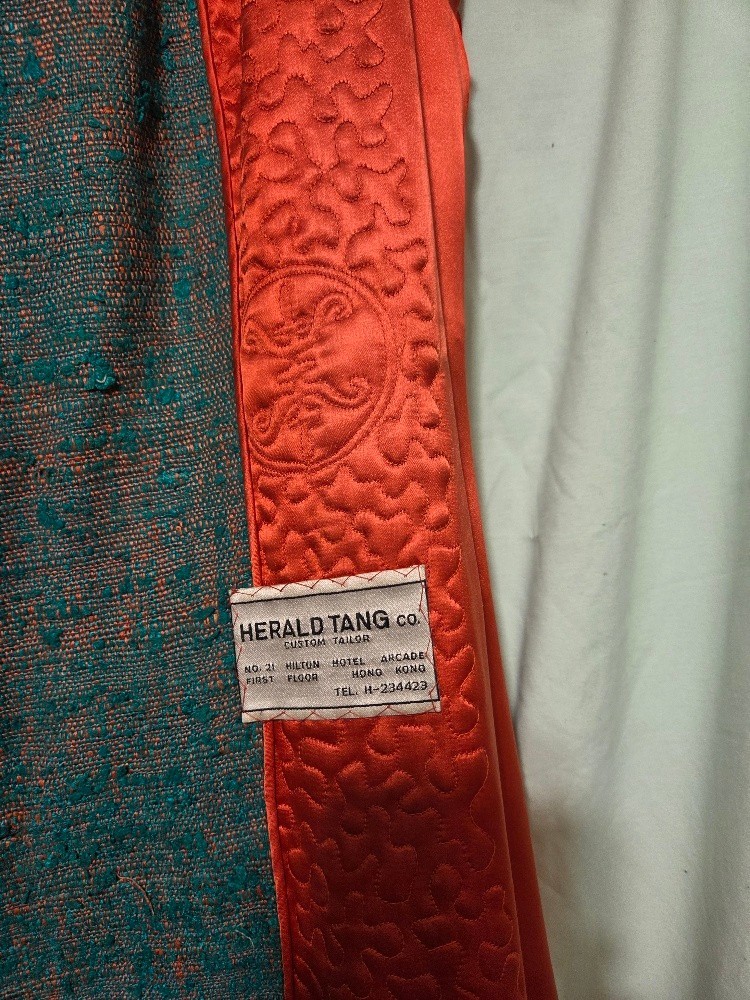 Raw Silk Coat Vtg 60s Teal Copper Quilted Panel Lining Hong Kong Herald Tang