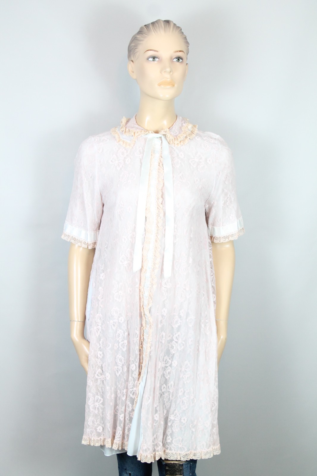 Vtg ODETTE BARSA Blue Pink Ruffles Layered Lace Bed Jacket Dress Robe S